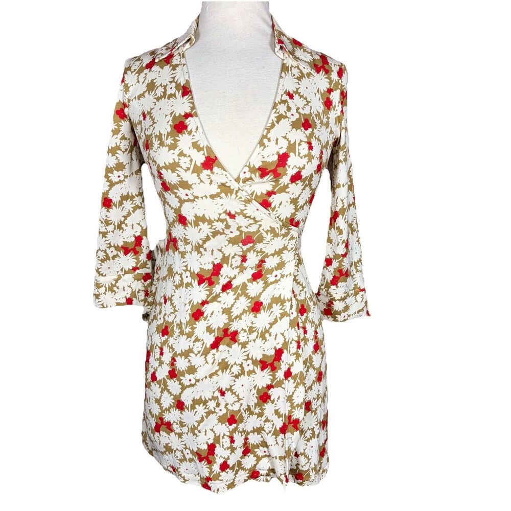 DVF Diane Von Furstenberg Floral Red Ivory & Camel Tan Wrap Dress 4 Silk Justin